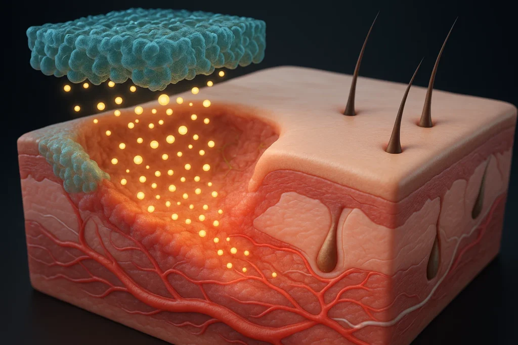 3D visualization of exosomes being released from a hydrogel matrix into a wound, promoting angiogenesis, collagen formation, and scar-free skin regeneration in diabetic wound healing.