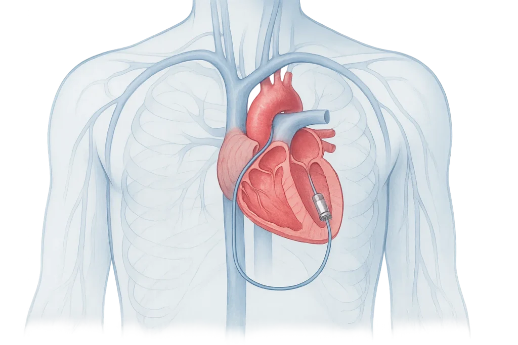 Medical illustration showing a leadless pacemaker being inserted through the femoral vein into the heart's right ventricle via catheter.