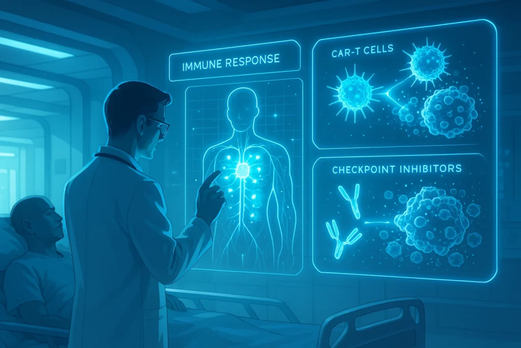 Futuristic medical scene of a doctor using holographic tools to guide CAR-T cell and checkpoint inhibitor therapies against cancer, symbolizing advances in personalized immunotherapy.