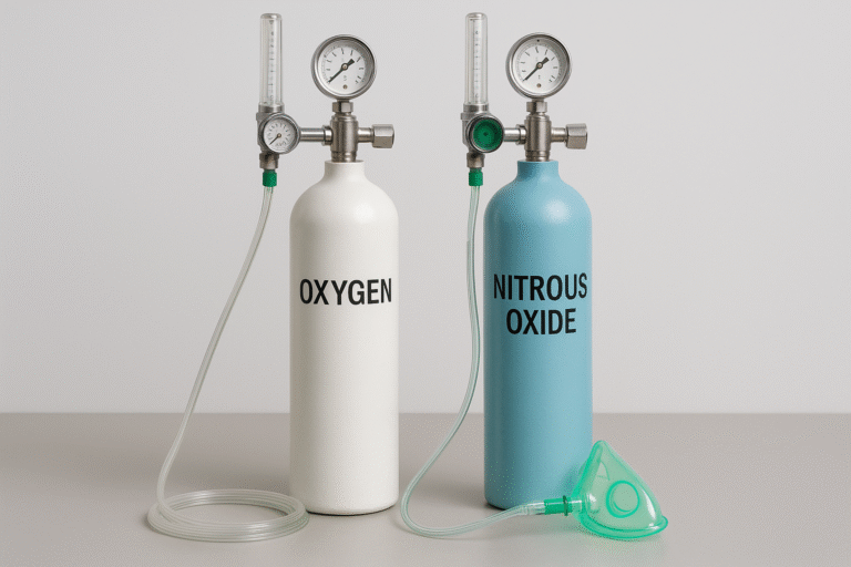 Hospital-grade nitrous oxide and oxygen tanks with flow regulators and mask setup.