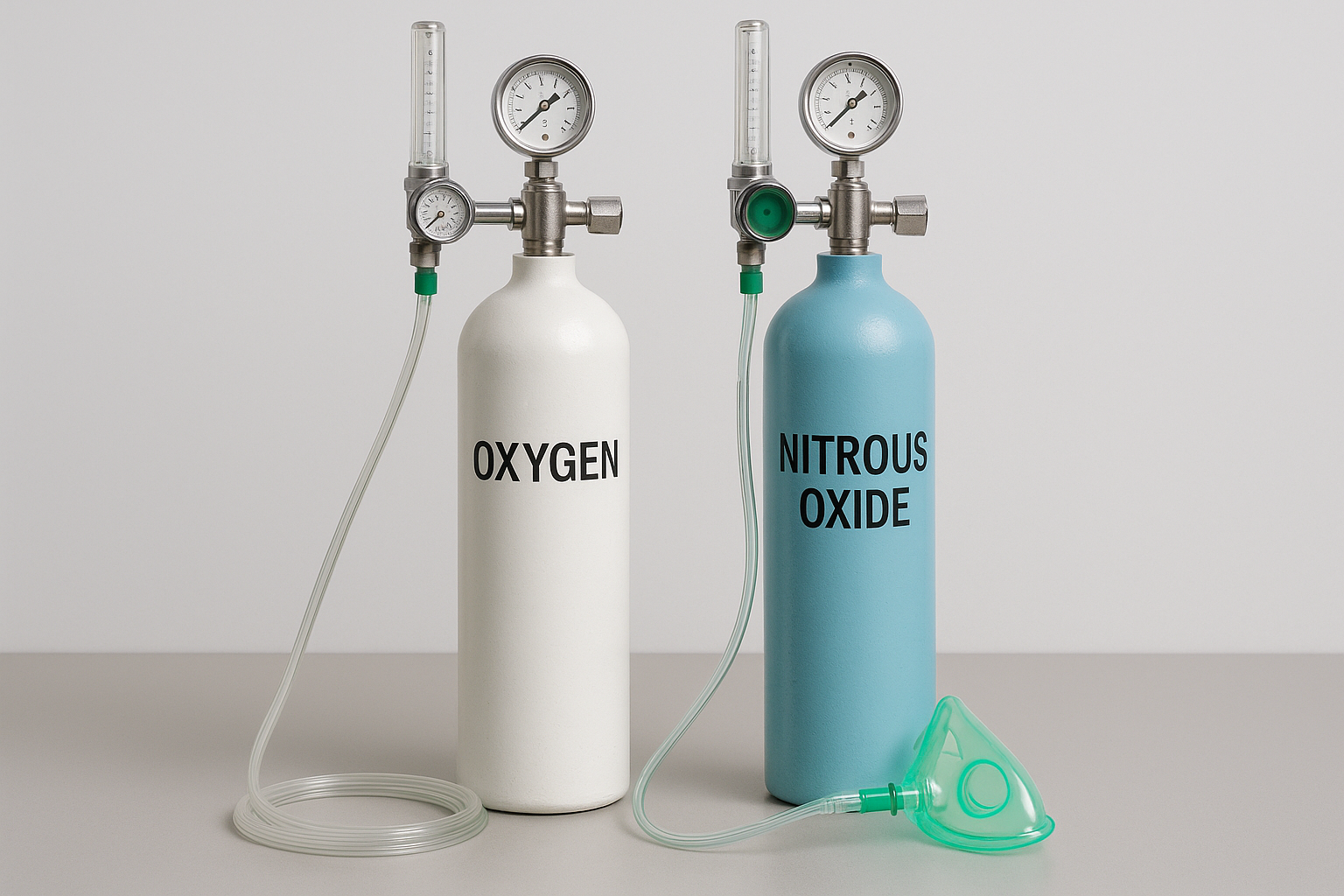 Hospital-grade nitrous oxide and oxygen tanks with flow regulators and mask setup.
