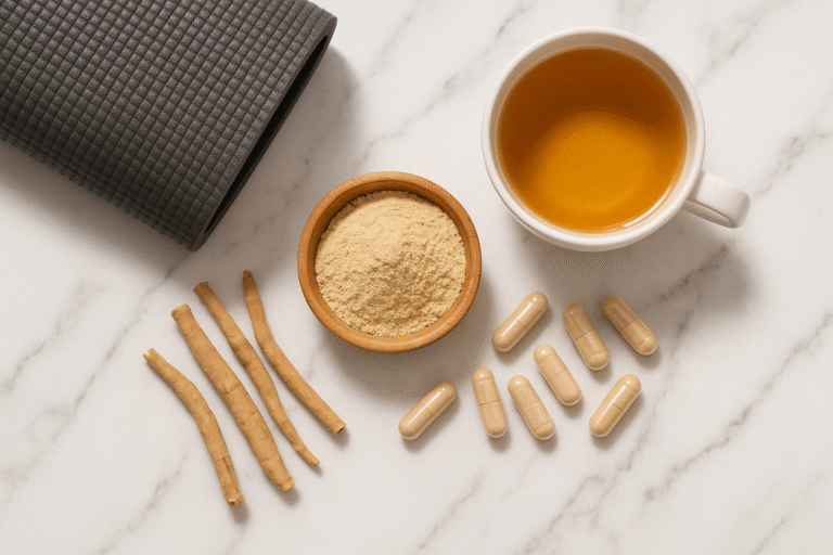 Natural Ashwagandha root powder and capsules for stress and wellness support.
