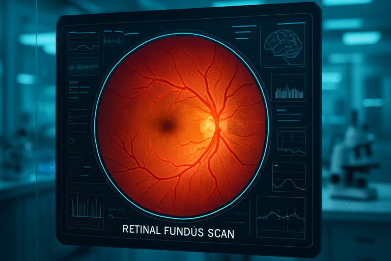 A digital retinal scan displayed on a futuristic screen with neural network overlays