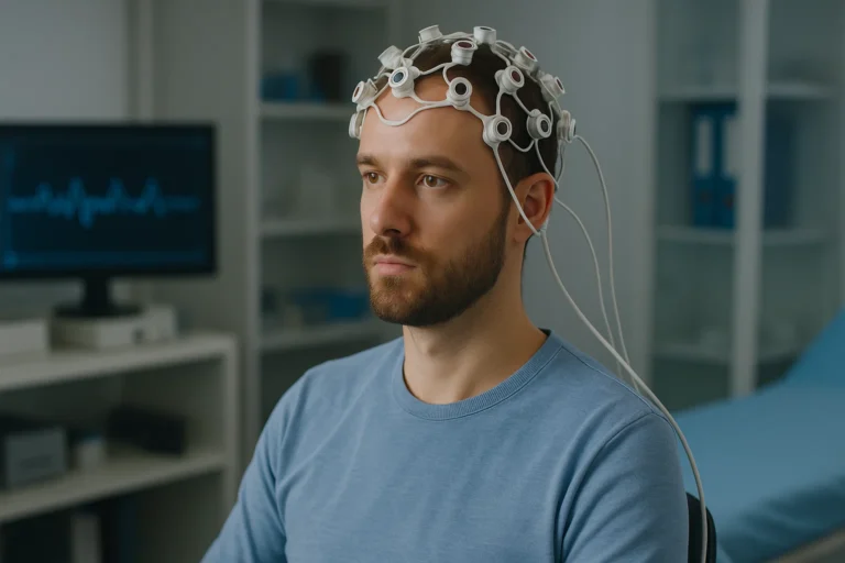 Patient using a brain-computer interface headset.