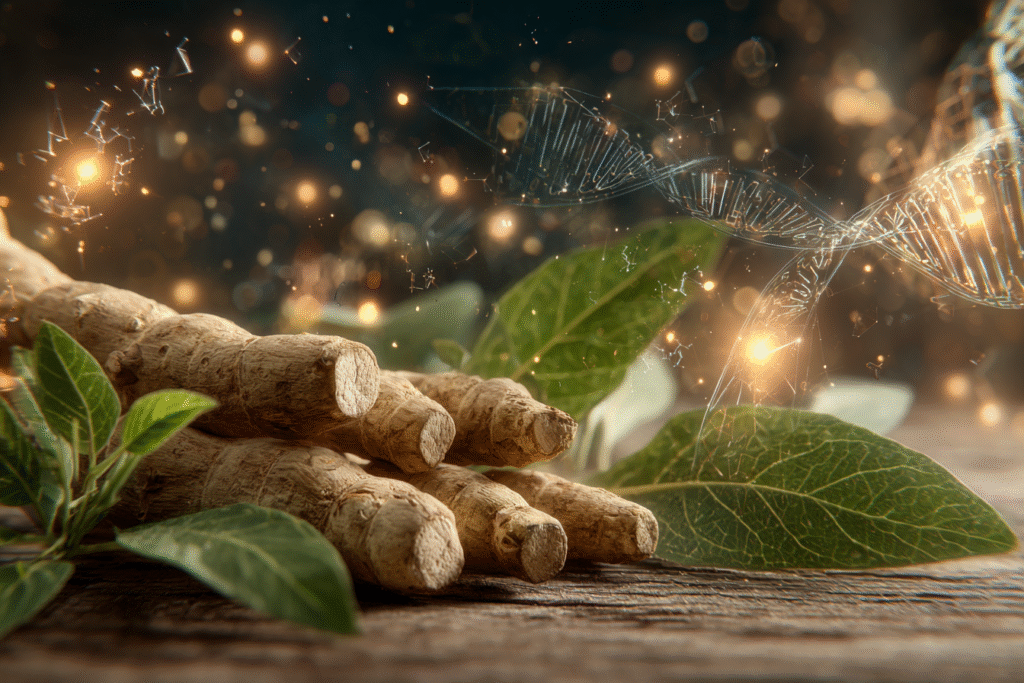 Close up of Ashwagandha roots and green leaves with glowing molecular graphics in the background, symbolizing the scientific validation of Ashwagandha health benefits.
