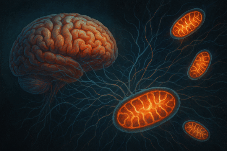Illustration of a human brain connected to glowing mitochondria through neural pathways, symbolizing mitochondrial role in mental health.