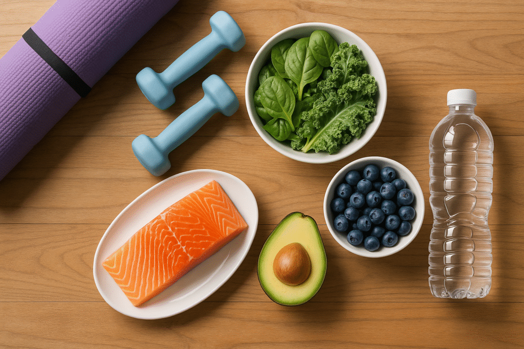 Overhead view of healthy foods, yoga mat, and water bottle arranged for promoting mitochondrial wellness and fitness.