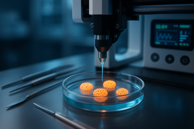 3D bioprinter creating human islet structures in a lab environment.