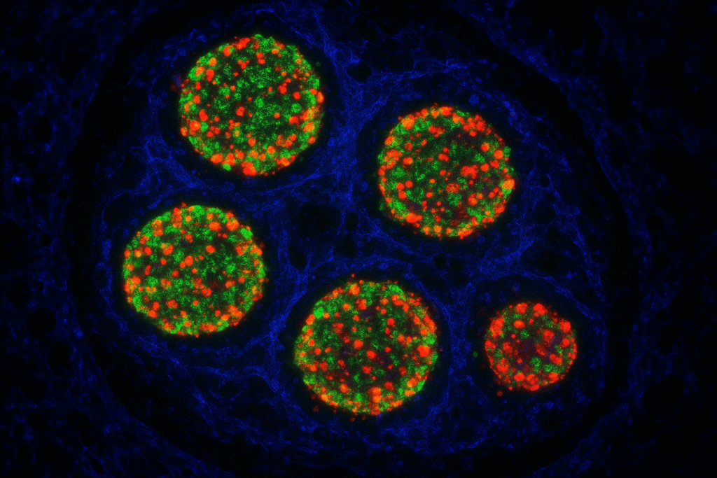 Fluorescence image of bioprinted pancreatic islets expressing insulin and glucagon.