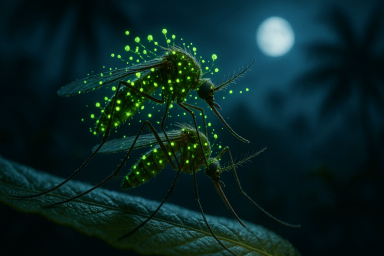 Genetically modified male mosquito glowing with fungus spores mating with female on a leaf at night in a tropical environment.