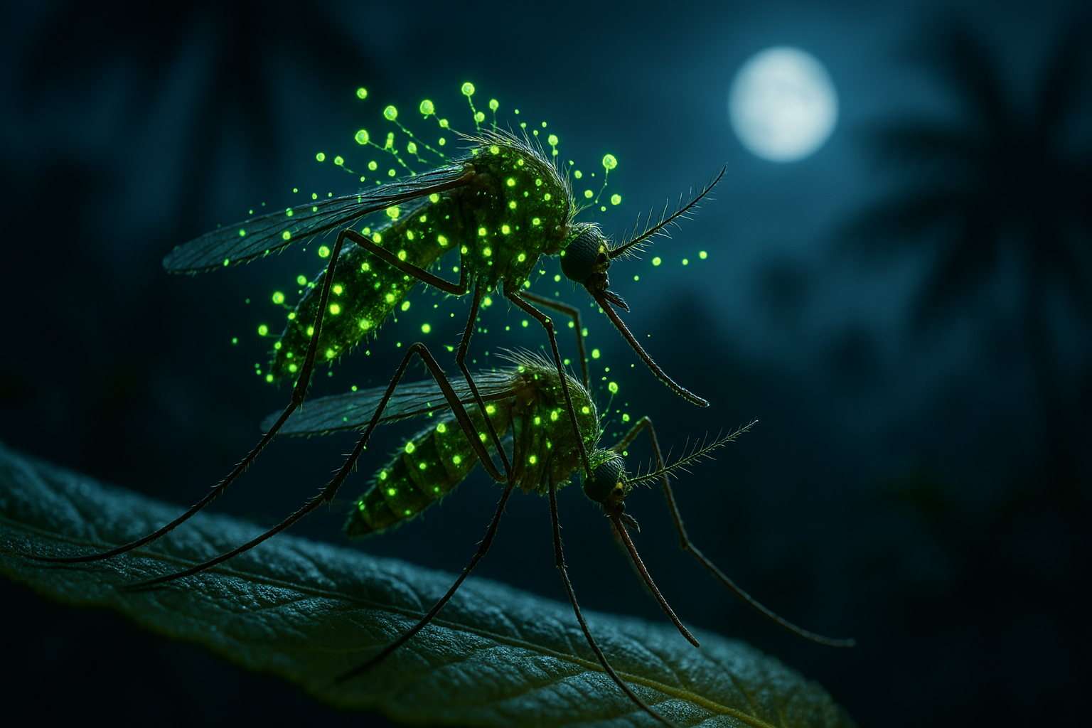 Genetically modified male mosquito glowing with fungus spores mating with female on a leaf at night in a tropical environment.