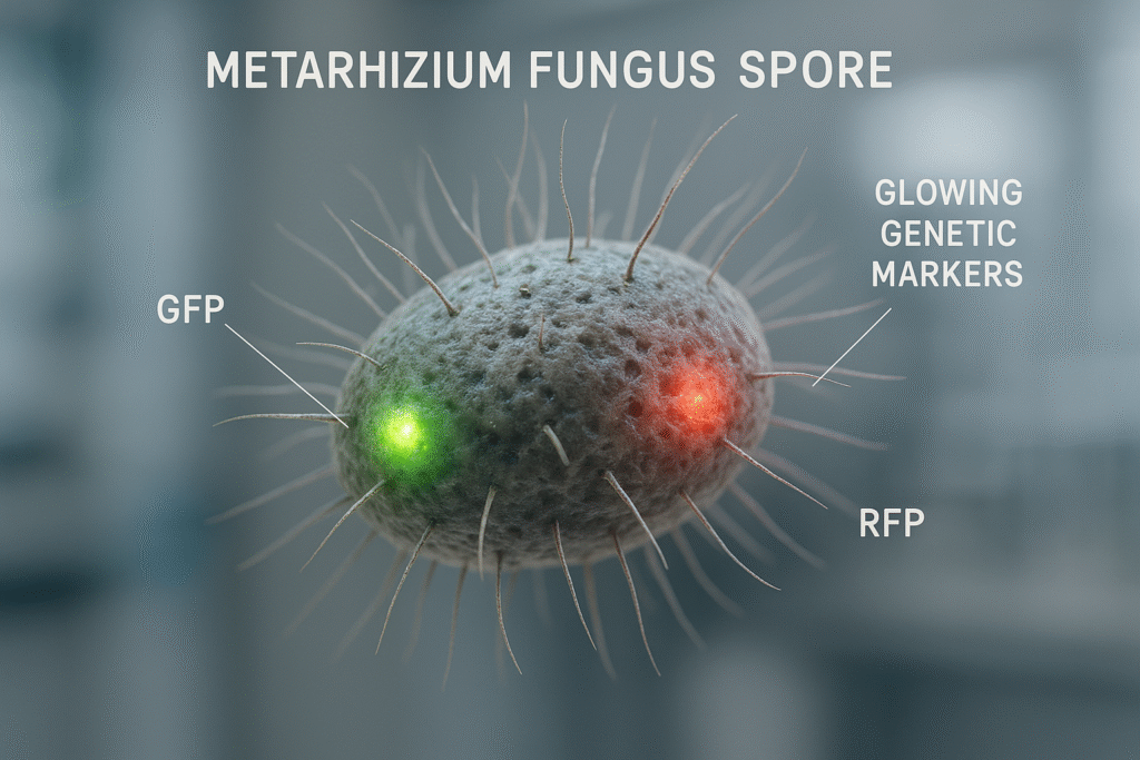Microscopic view of genetically modified Metarhizium fungus spore with glowing GFP and RFP markers.