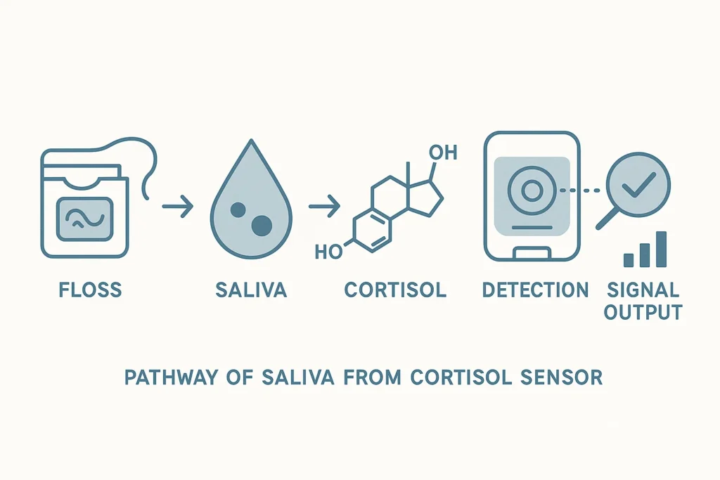 Illustration of how saliva-sensing floss measures cortisol.