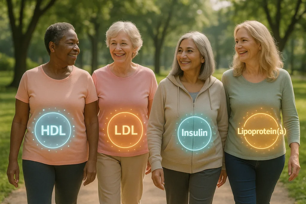 A diverse group of postmenopausal women aged 50 to 70 walking together in a sunny park, with glowing digital overlays showing heart health biomarkers like HDL, LDL, insulin, and lipoprotein(a) beside them. The image blends science and lifestyle in a warm, optimistic outdoor setting.