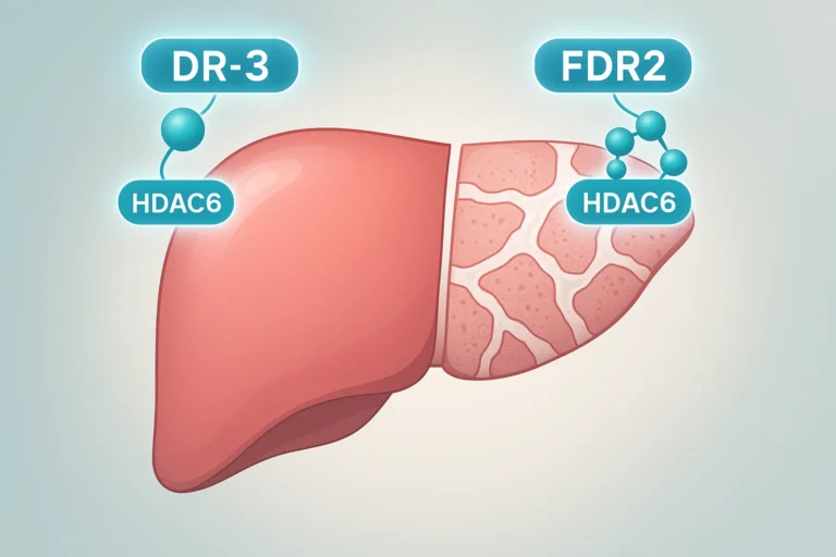 Illustration of a liver split in half: the left side is smooth and healthy, labeled “HDAC6” with a small spherical DR‑3 molecule attached; the right side shows fibrotic scarring, labeled “HDAC6” with a cluster of FDR2 molecules bound.