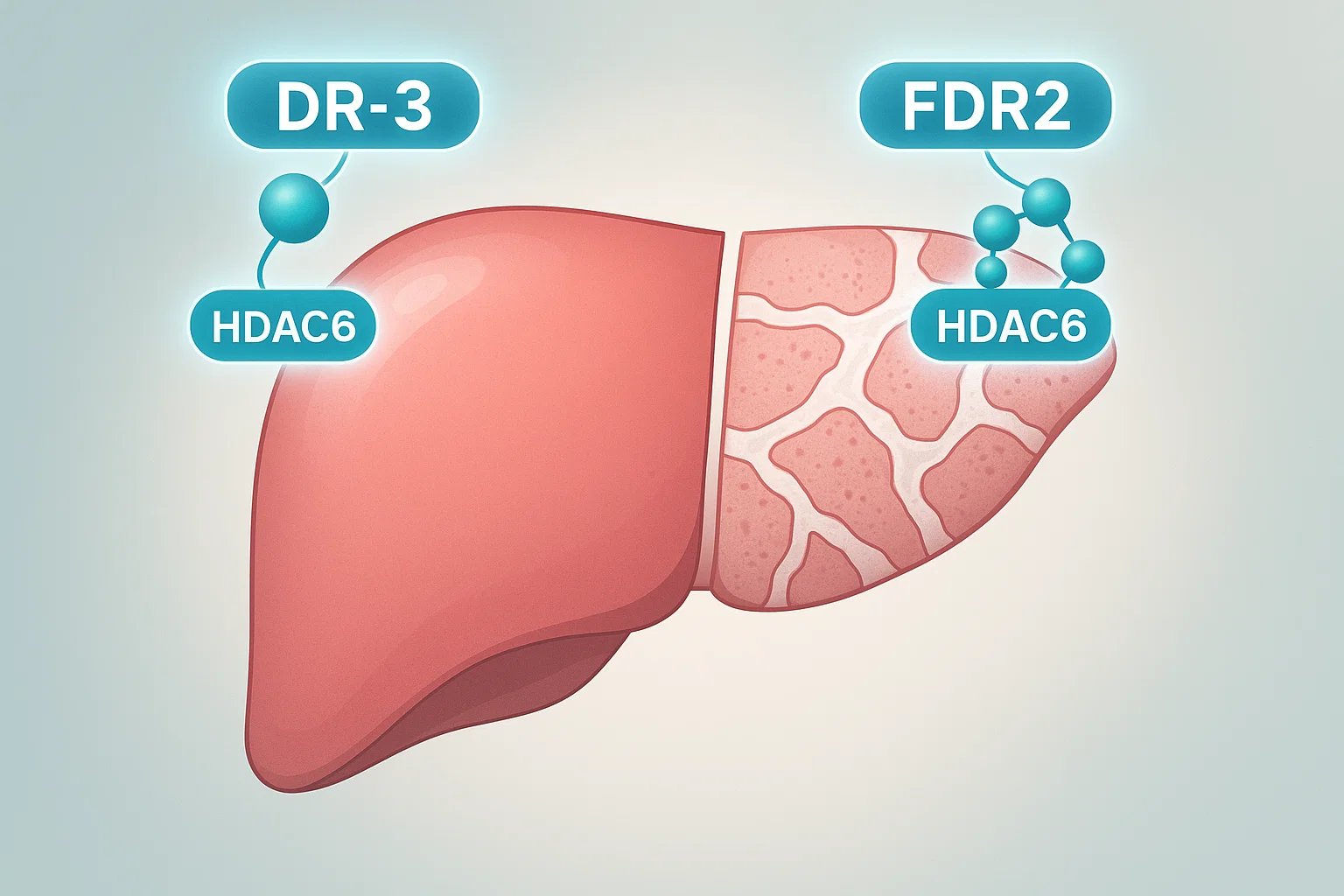 Illustration of a liver split in half: the left side is smooth and healthy, labeled “HDAC6” with a small spherical DR‑3 molecule attached; the right side shows fibrotic scarring, labeled “HDAC6” with a cluster of FDR2 molecules bound.