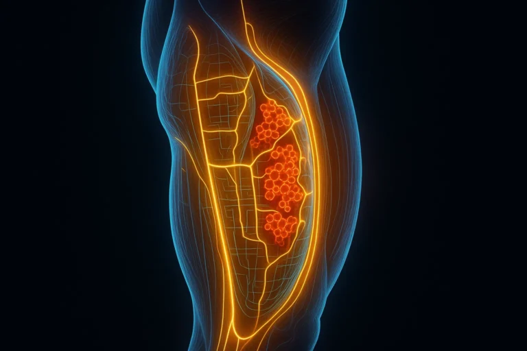 A glowing, translucent human thigh muscle revealing intricate illuminated pathways inside, resembling a city map or circuit board.