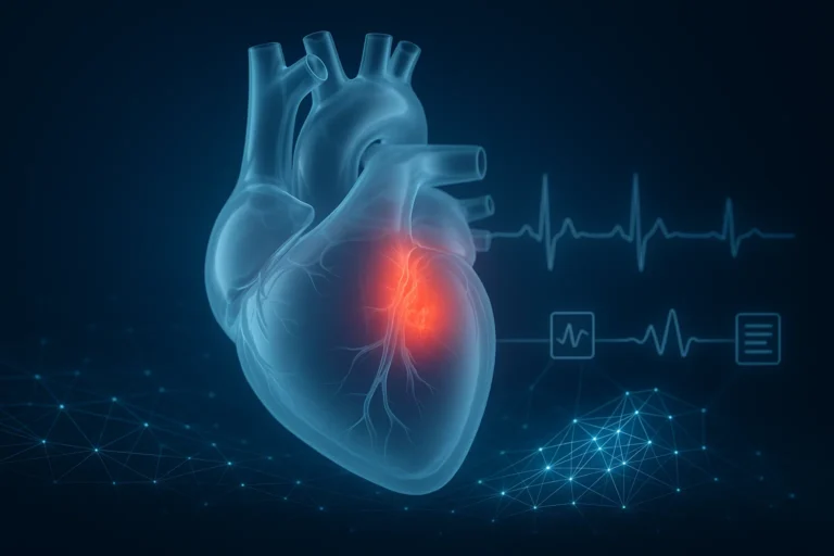 A semi‑transparent 3D rendering of a human heart on a dark blue gradient background, with bright red highlights marking fibrotic hotspots on the septum and a faint mesh overlay suggesting an AI network, alongside a faint ECG tracing.