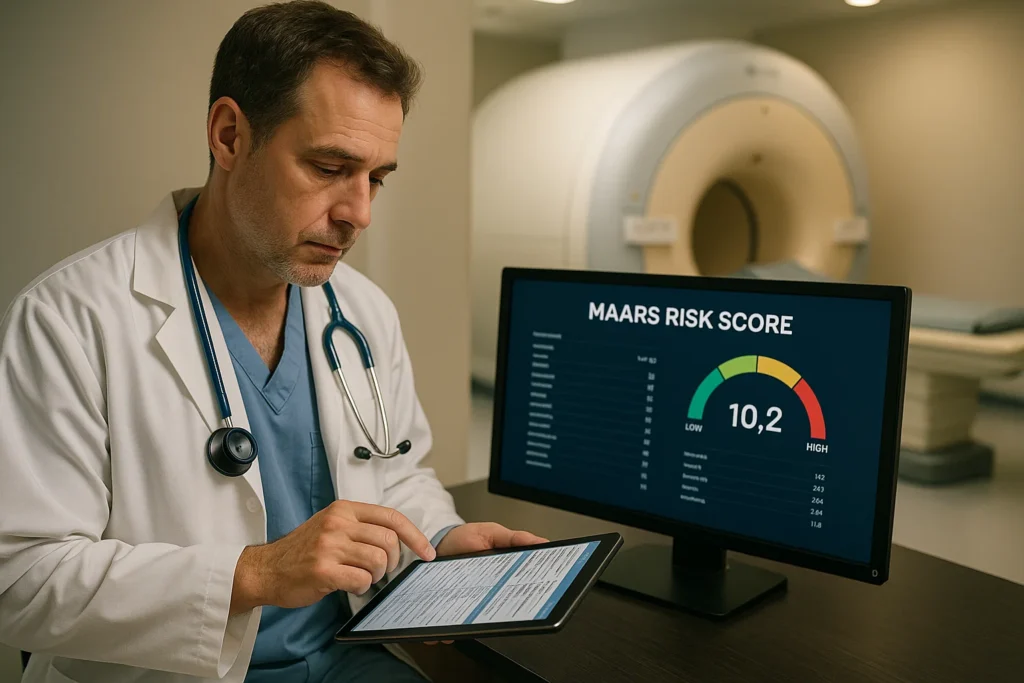 Photorealistic scene of a clinician holding a tablet displaying patient charts, with a computer monitor in the background showing a MAARS risk score dashboard and a cardiac MRI machine faintly visible behind.