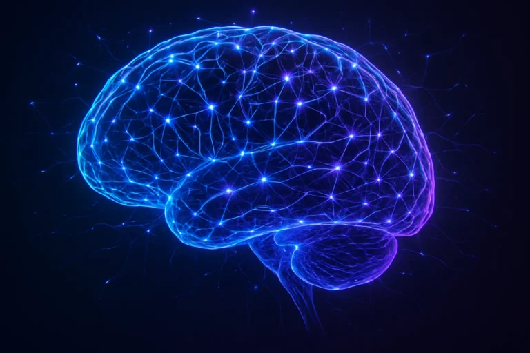 Illustration of a brain with an overlaid network of glowing AI neural connections.