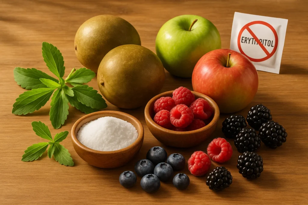A wooden table with stevia leaves, monk fruit, and fresh fruits as natural sweetener alternatives, with a crossed-out erythritol packet, promoting healthier choices.