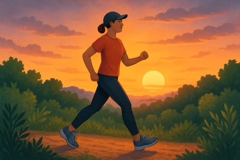 A person takes an evening walk on a scenic trail, highlighting how exercise can improve sleep quality for insomnia sufferers.