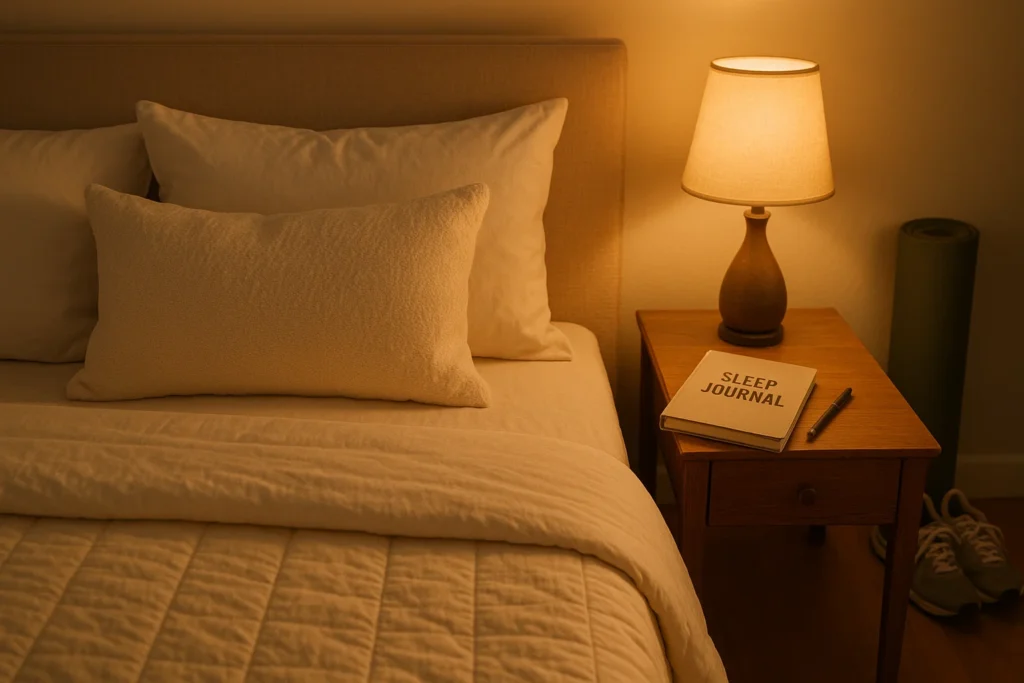 A cozy bedroom with a sleep journal and running shoes, symbolizing the connection between exercise and better sleep.