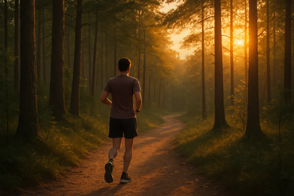 A lone runner jogs on a peaceful forest trail at sunset, representing how introverted personalities may prefer low-intensity exercises for stress relief and enjoyment.