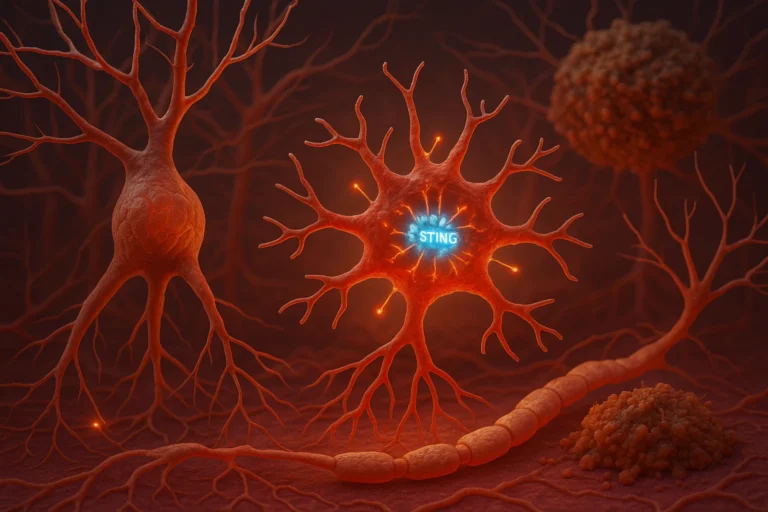 Detailed 3D illustration of neurons with glowing synaptic connections, highlighting a central neuron displaying the word 'STING' in bright blue within its cell body, surrounded by dendrites and axons in a warm reddish-orange tone.