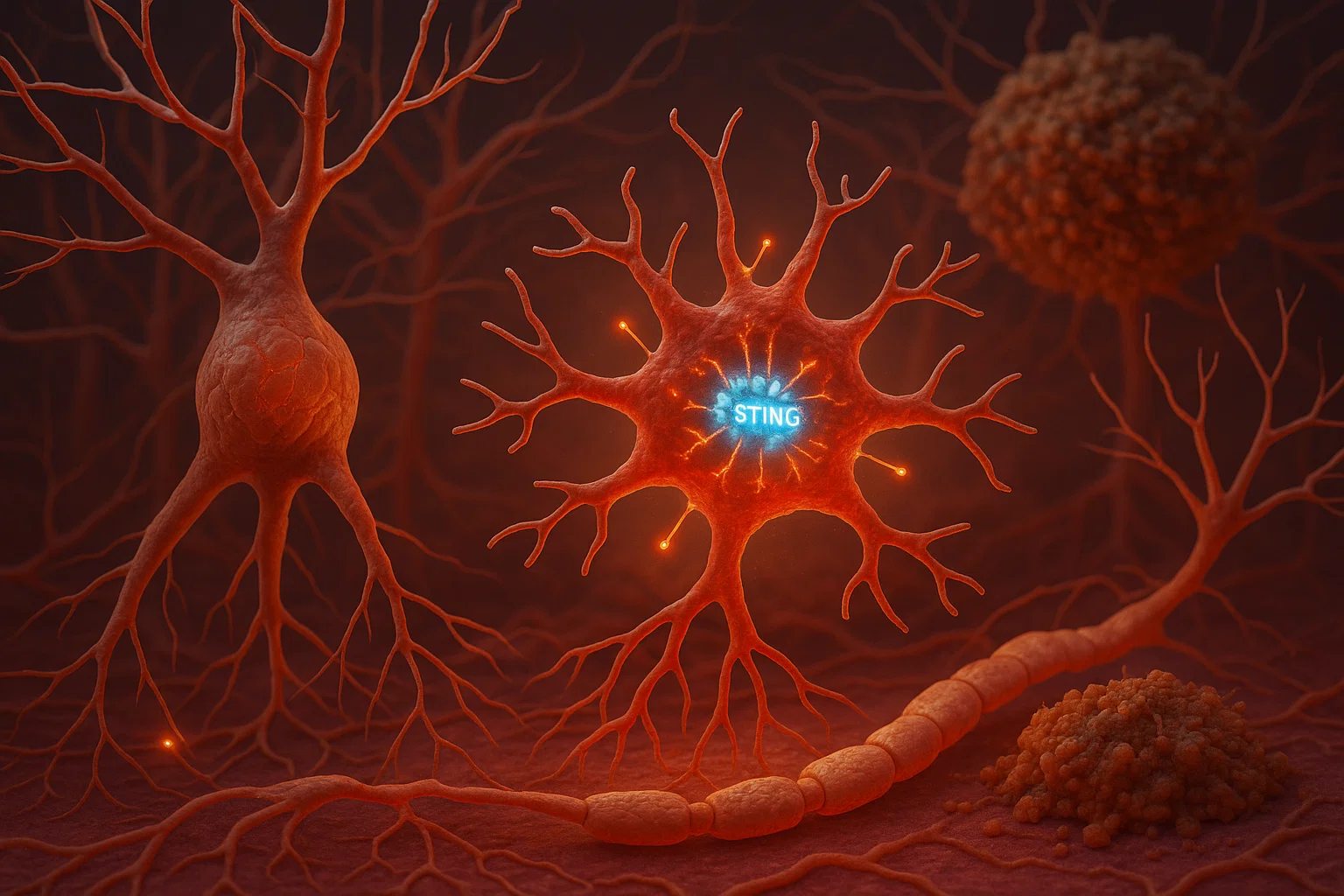 Detailed 3D illustration of neurons with glowing synaptic connections, highlighting a central neuron displaying the word 'STING' in bright blue within its cell body, surrounded by dendrites and axons in a warm reddish-orange tone.