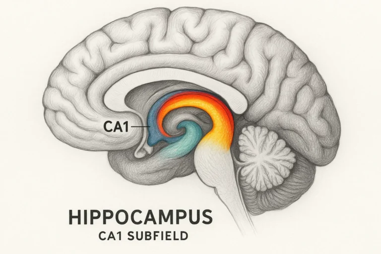 Diagram of the human brain highlighting the hippocampus and CA1 subfield, key areas involved in memory and cognitive function.