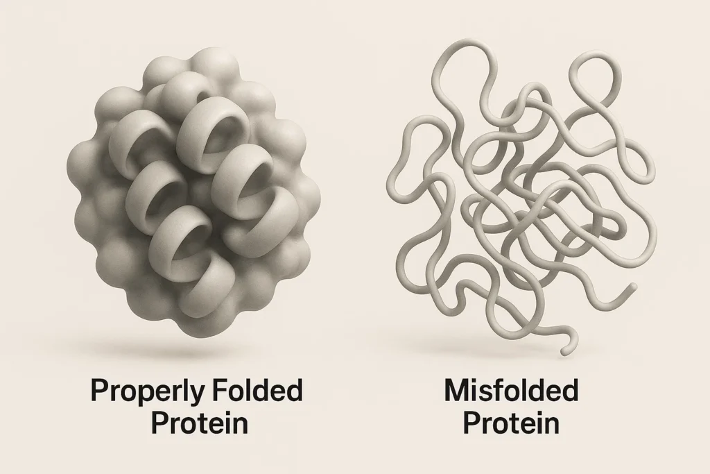 3D molecular models comparing properly folded proteins and misfolded proteins associated with cognitive decline.