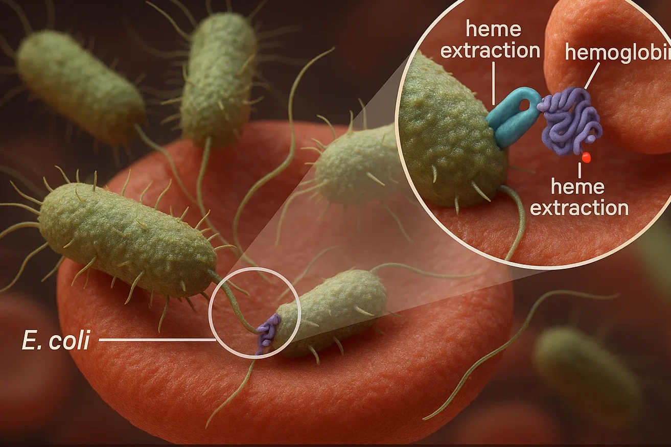 Close-up illustration of E. coli bacteria using ChuA protein to bind hemoglobin and extract heme from red blood cells.