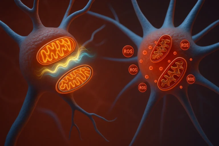 3D illustration showing healthy and damaged mitochondria in brain neurons and astrocytes, highlighting oxidative stress.