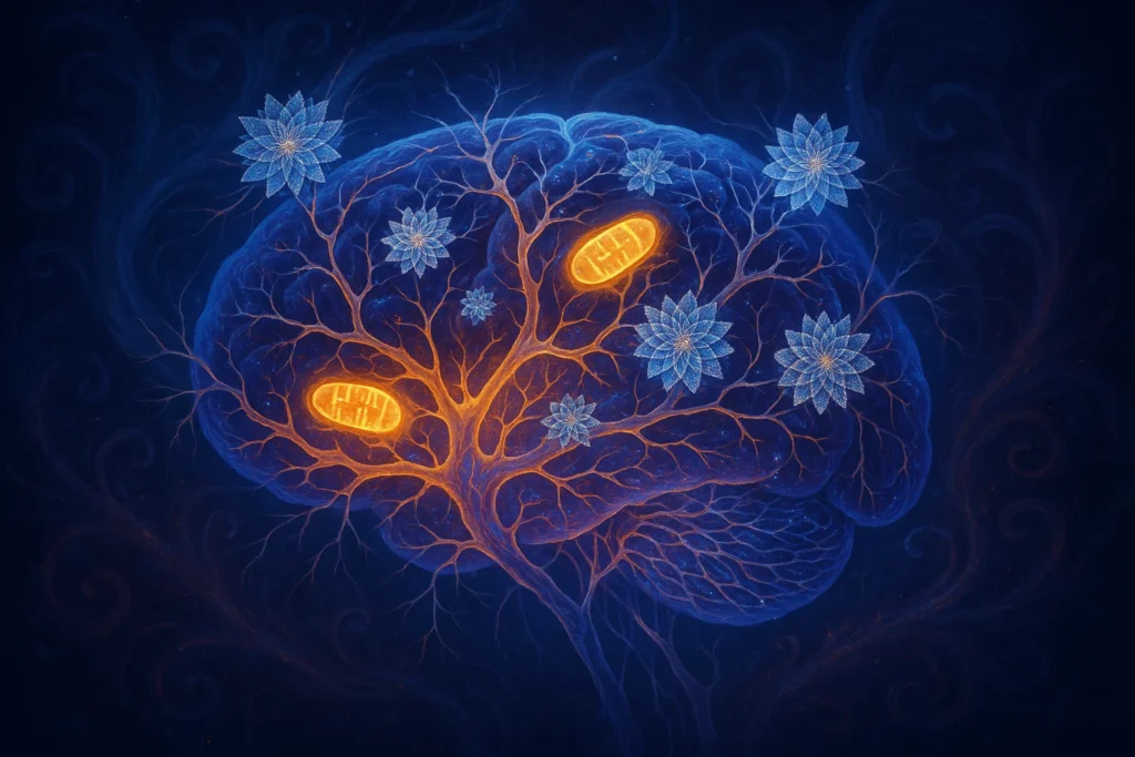 Surreal digital painting of a glowing brain with intricate neurons intertwined with shimmering flower-like nanostructures, radiant golden mitochondria inside neurons emitting light, surrounded by swirling patterns symbolizing oxidative stress being pushed away.