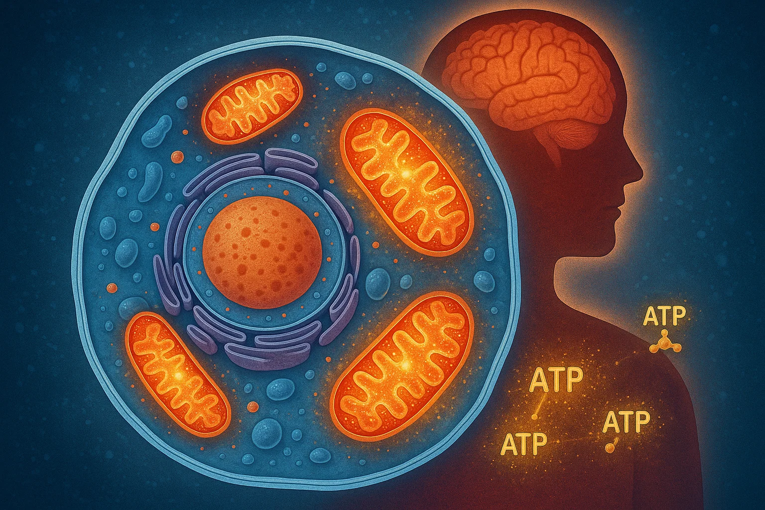 Illustration of mitochondria inside a human cell producing energy (ATP), symbolizing their role as cellular powerhouses linked to sleep regulation.