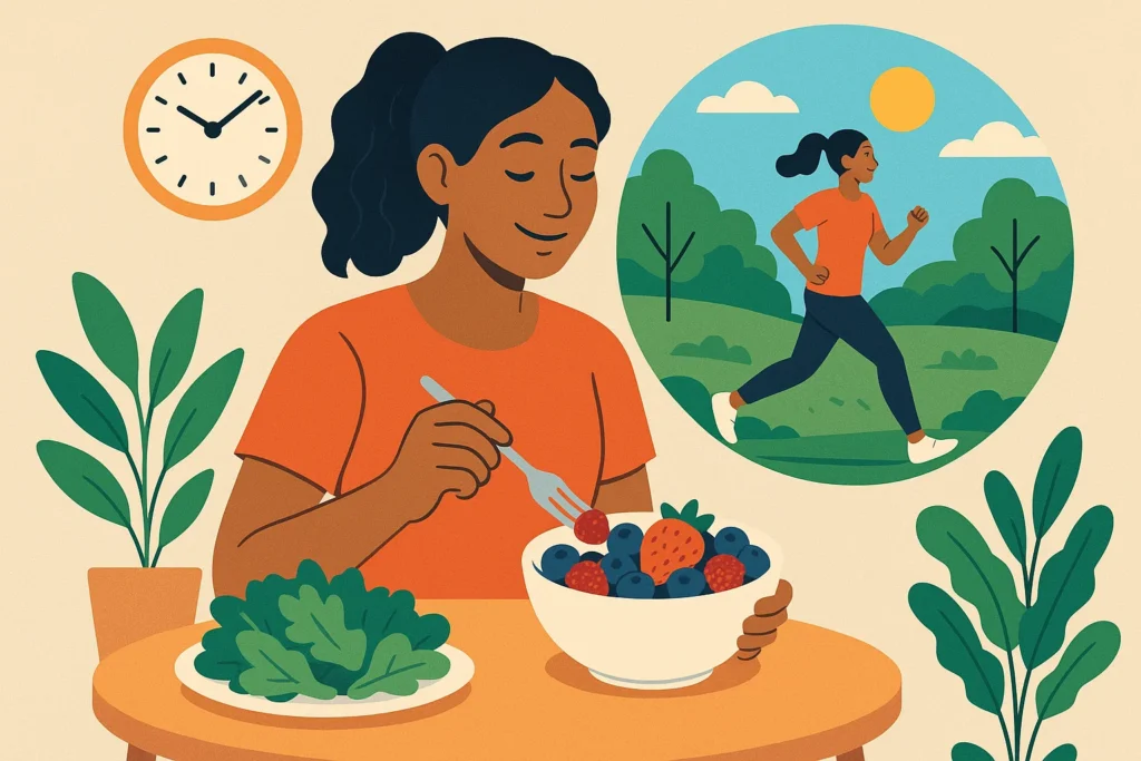 Person enjoying a healthy lifestyle with antioxidant foods, exercise, and regular sleep schedule to support mitochondrial health and improve sleep quality.