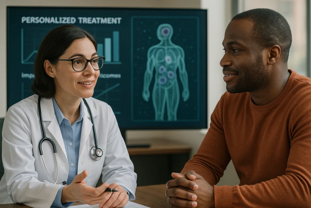 Doctor consulting patient with personalized treatment data on screen, symbolizing individualized CAR T cell therapy guided by trial-on-chip testing.