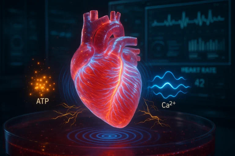 Glowing mature human cardiac organoid in lab dish showing rhythmic contractions, with visualized metabolic activity (ATP sparks), calcium flows (blue waves), and electrical signals (gold tracings). Represents breakthrough in stem-cell heart models for disease research.