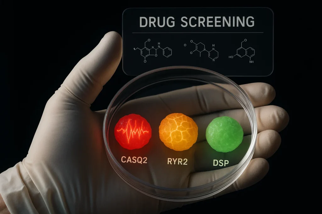 Researcher holds petri dish with three genetically distinct cardiac organoids (CASQ2, RYR2, DSP mutations) under drug screening, showing arrhythmia, fibrosis, and healthy phenotypes for personalized medicine.