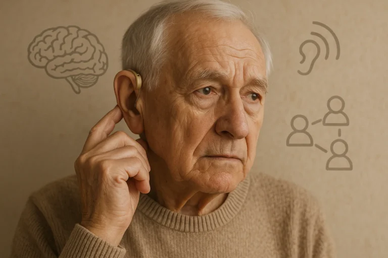 Elderly person using a hearing aid with a thoughtful expression, surrounded by subtle icons representing brain function and social connections