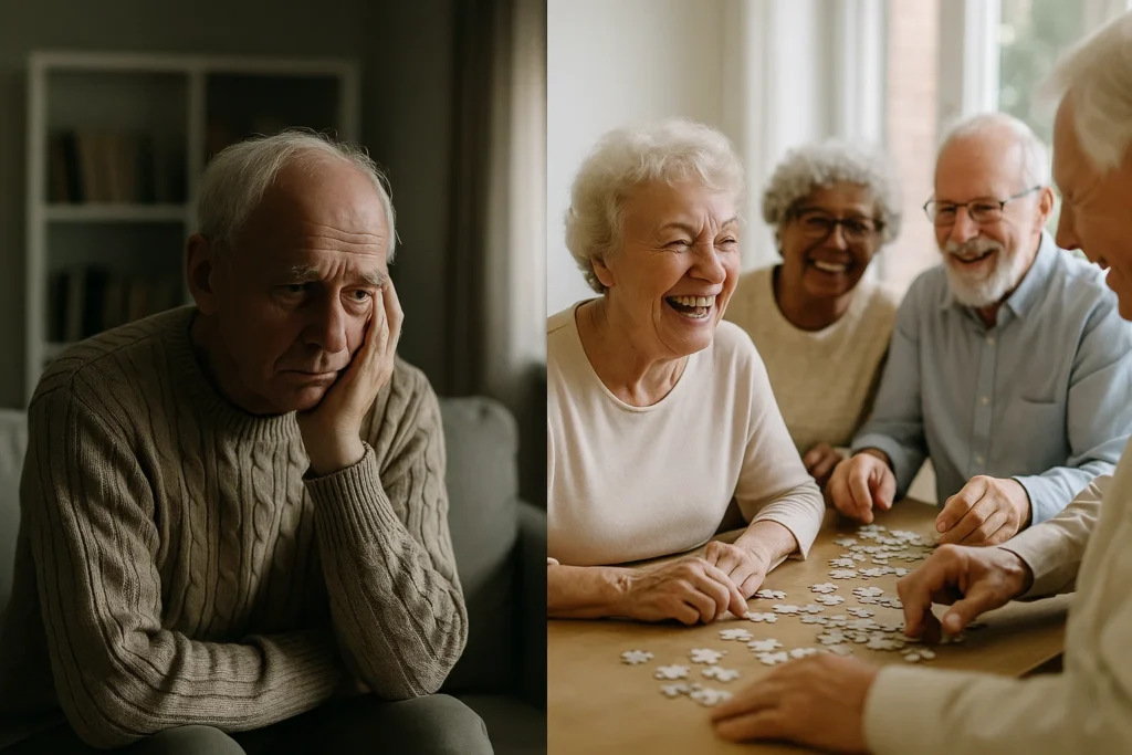 Split image showing two older adults: one socially isolated and looking lonely at home, and the other engaged happily in a group activity.