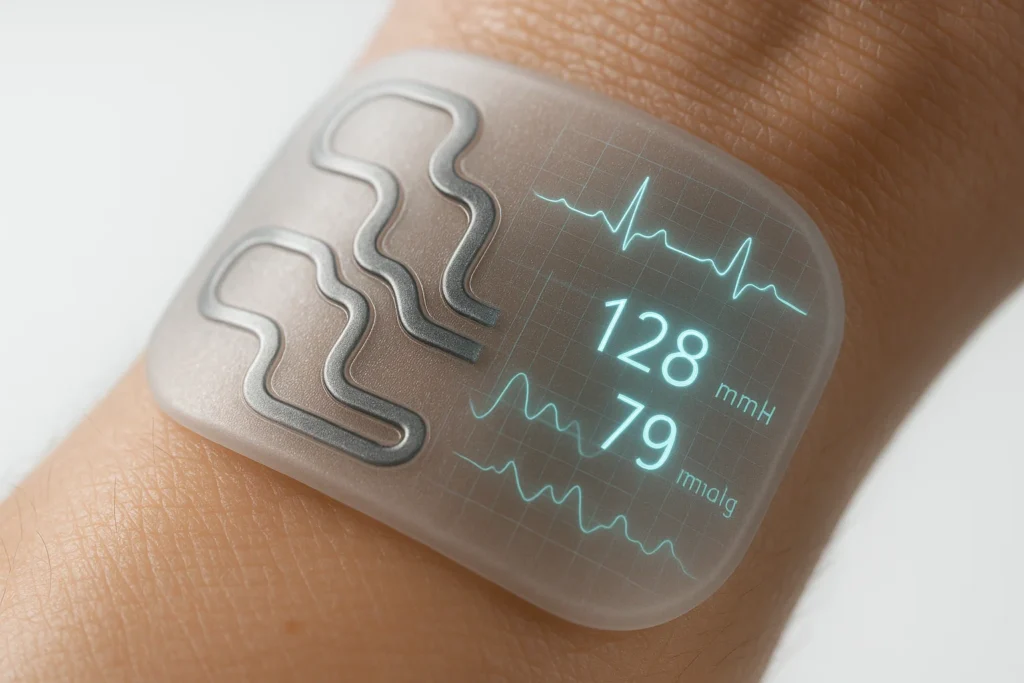 High-resolution close-up of flexible wearable blood pressure patch with integrated liquid metal circuitry, overlaid with ECG waveforms and heart icon, in clean white and blue medical infographic style.