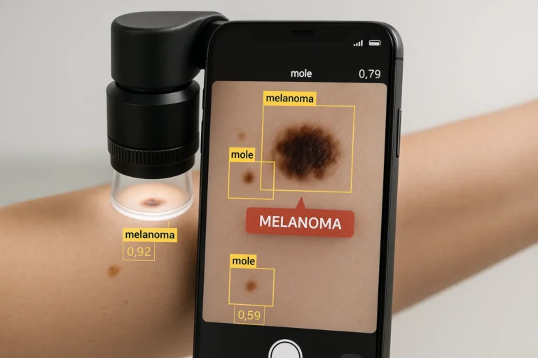 Close-up of a smartphone with dermatoscope lens scanning a mole on a person’s forearm, overlaid with AI detection boxes and melanoma probability scores, on a clean white clinical background.