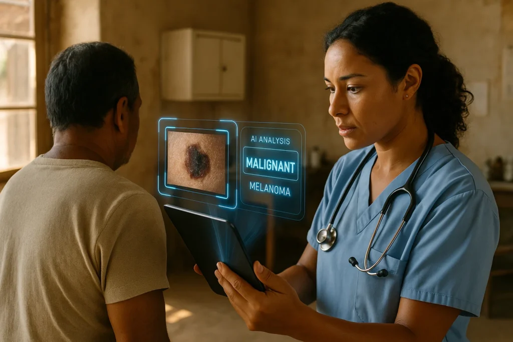 Healthcare worker in a rural clinic using a tablet to capture a skin lesion photo, with AI-generated analysis results displayed instantly as a holographic overlay.
