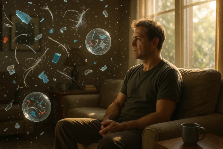 Illustration of a living room with sunlight revealing countless microscopic plastic particles in the air, with magnified fragments and fibers in the foreground.