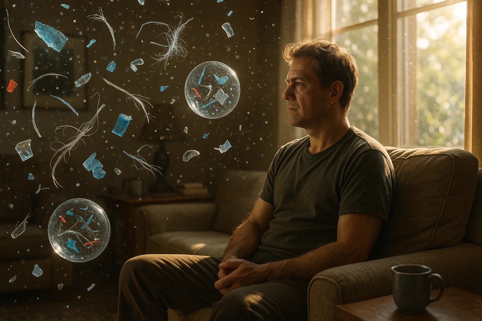 Illustration of a living room with sunlight revealing countless microscopic plastic particles in the air, with magnified fragments and fibers in the foreground.