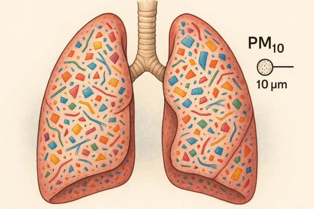 Medical cutaway of human lungs showing colorful PM10 microplastic particles, including fragments and fibers, highlighting potential respiratory risks.