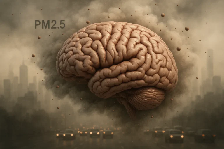 3D illustration of a human brain surrounded by urban smog and PM2.5 particles, with a city skyline and traffic in the background, symbolizing the link between air pollution and dementia risk.
