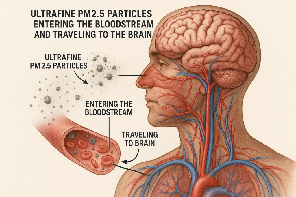 Scientific diagram showing PM2.5 particles entering the bloodstream and reaching the brain, highlighting pathways of air pollution’s impact on neurological health.